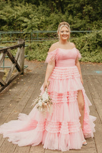 Pink Off-the-Shoulder Feathers Multi-Layers Long Prom Dress with Slit
