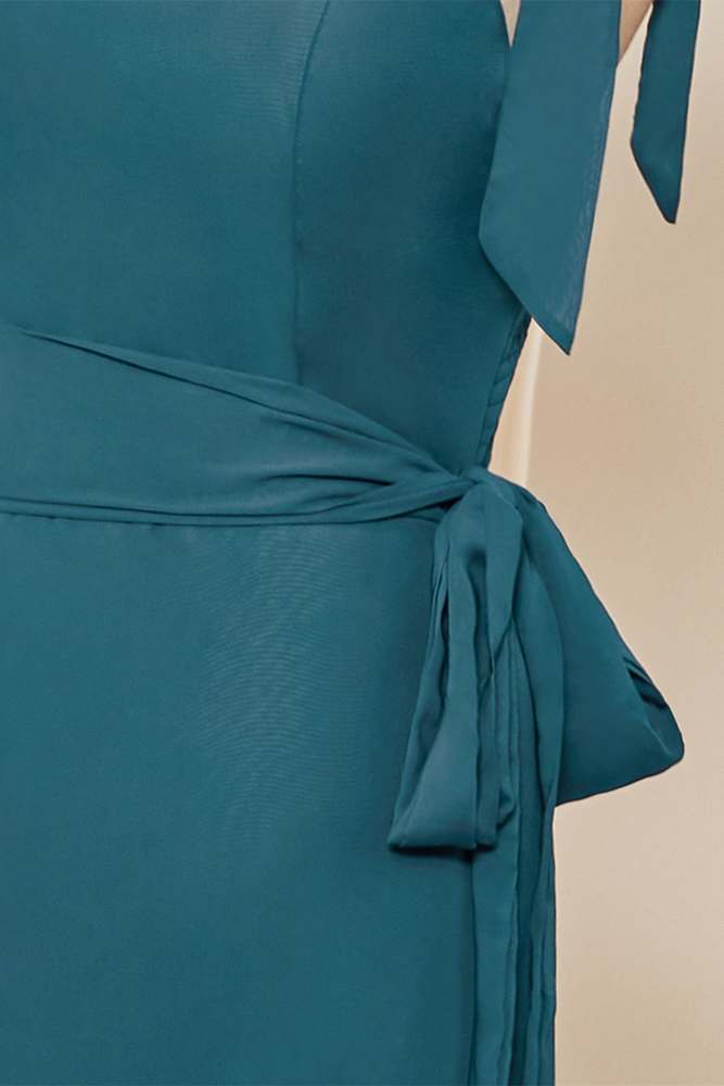 Teal Bow Tie Straps A-line Chiffon Long Bridesmaid Dress with Sash