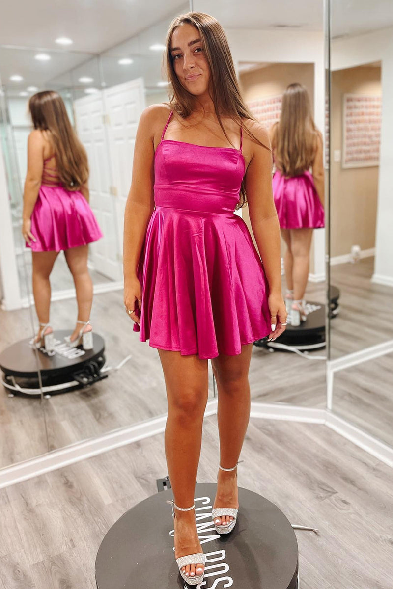 Fuchsia Lace-Up Satin A-line Homecoming Dress