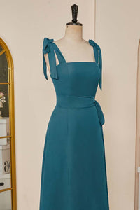 Teal Bow Tie Straps A-line Chiffon Long Bridesmaid Dress with Sash