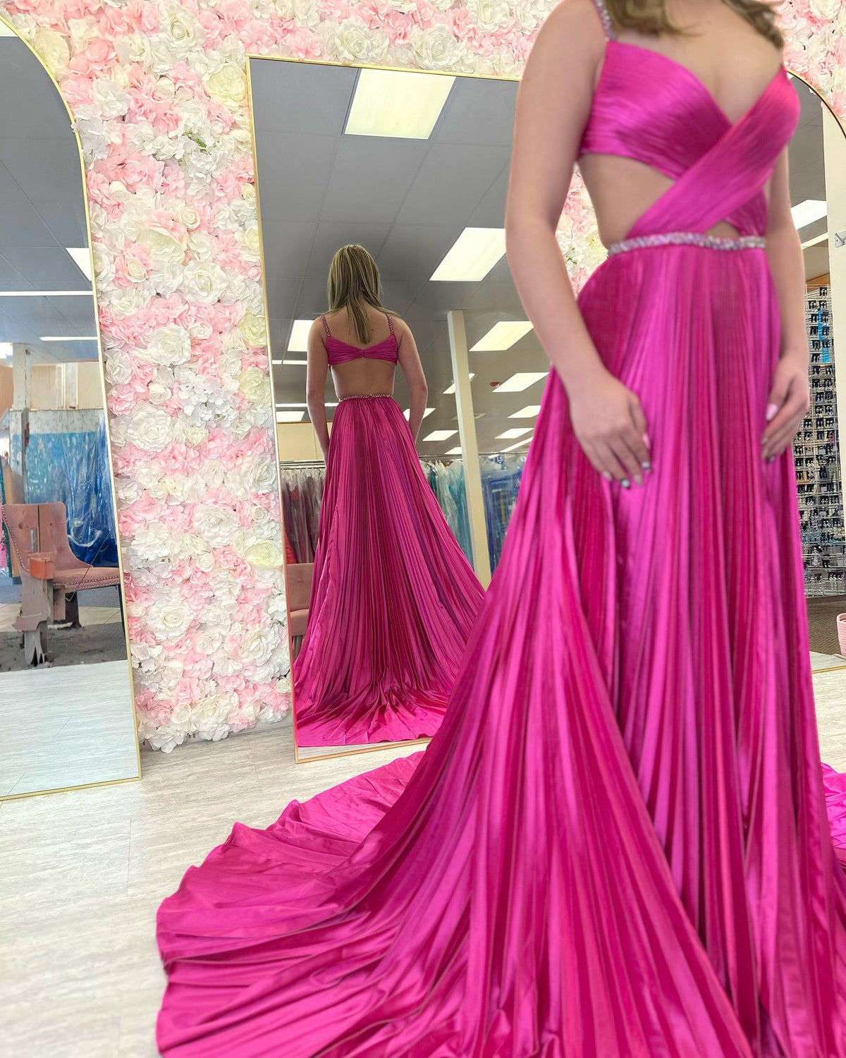 Purple Sequin Strap Pleated Prom Dress with Keyhole