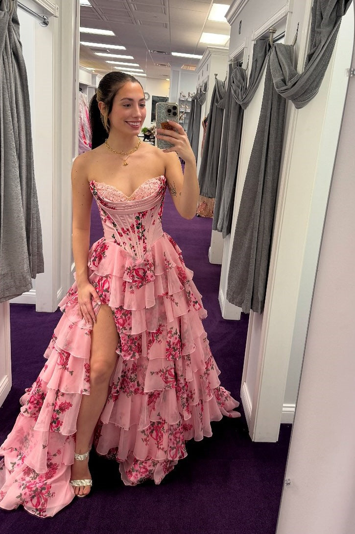 Floral Pink Sweetheart Ruffle A-line Prom Dress with Slit