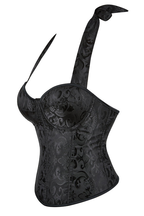 Black Floral Bow Tie Halter Lace-Up Bustier Corset Top