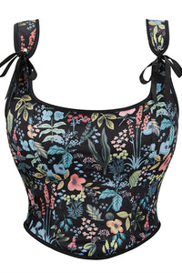Black Floral Bow Tie Lace-Up Retro U Neck Bustier Corset Top