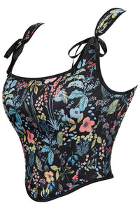 Black Floral Bow Tie Lace-Up Retro U Neck Bustier Corset Top