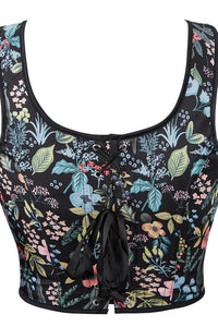 Black Floral Bow Tie Lace-Up Retro U Neck Bustier Corset Top