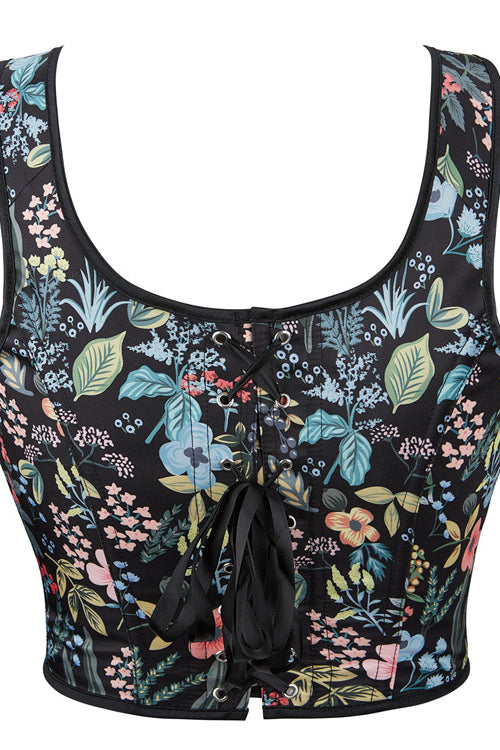 Black Floral Bow Tie Lace-Up Retro U Neck Bustier Corset Top