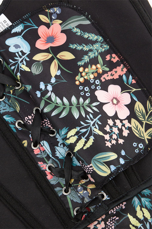 Black Floral Bow Tie Lace-Up Retro U Neck Bustier Corset Top