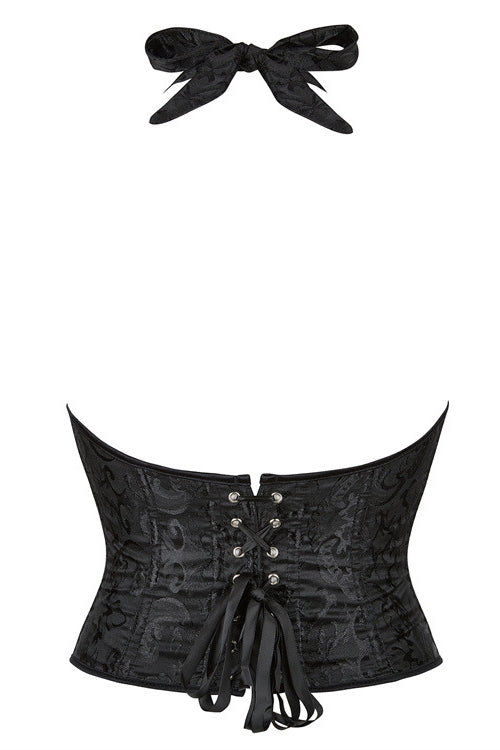 Black Floral Halter Bow Tie Lace-Up Bustier Corset Top