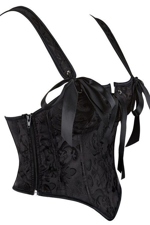 Black Lace-Up Bow Tie Floral Bustier Corset Top