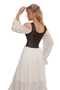 Brown Bow Tie Lace-Up Floral Boned Bustier Corset Top