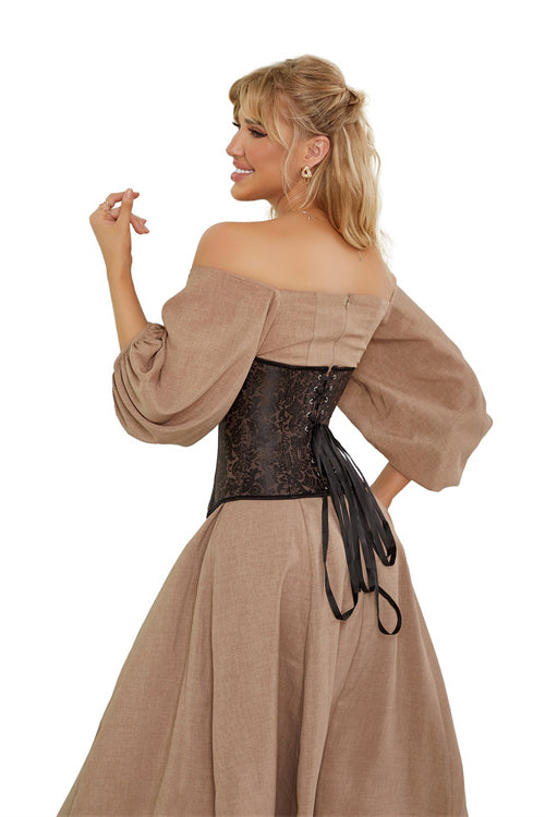 Brown Floral Lace-Up Strapless Boned Bustier Coset Top