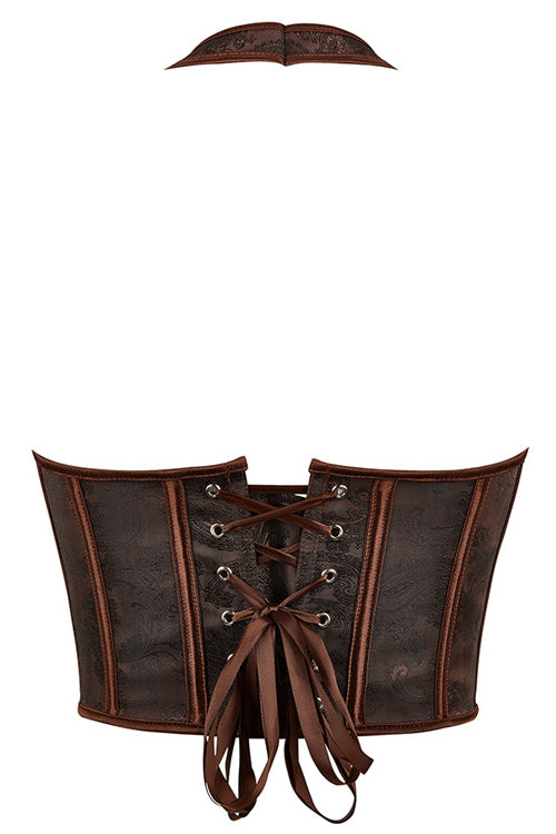 Brown Halter Boned Floral Lae-Up Bustier Corset Top 