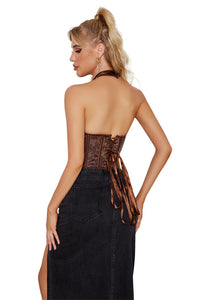 Brown Halter Boned Floral Lae-Up Bustier Corset Top 