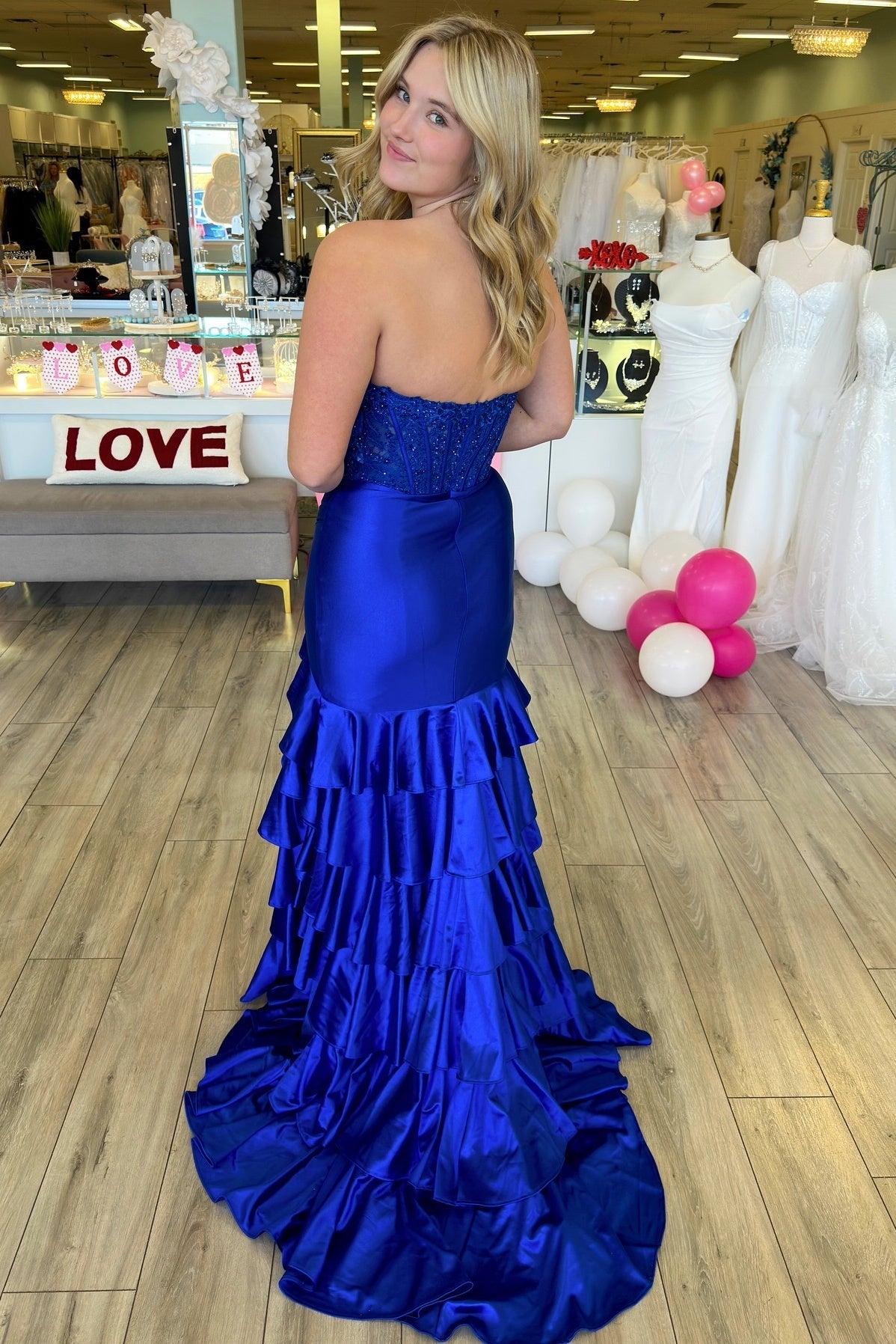 Royal Blue Mermaid Strapless Appliques Ruffle Prom Dress with Slit