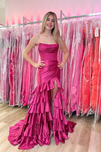 Royal Blue Mermaid Strapless Appliques Ruffle Prom Dress with Slit