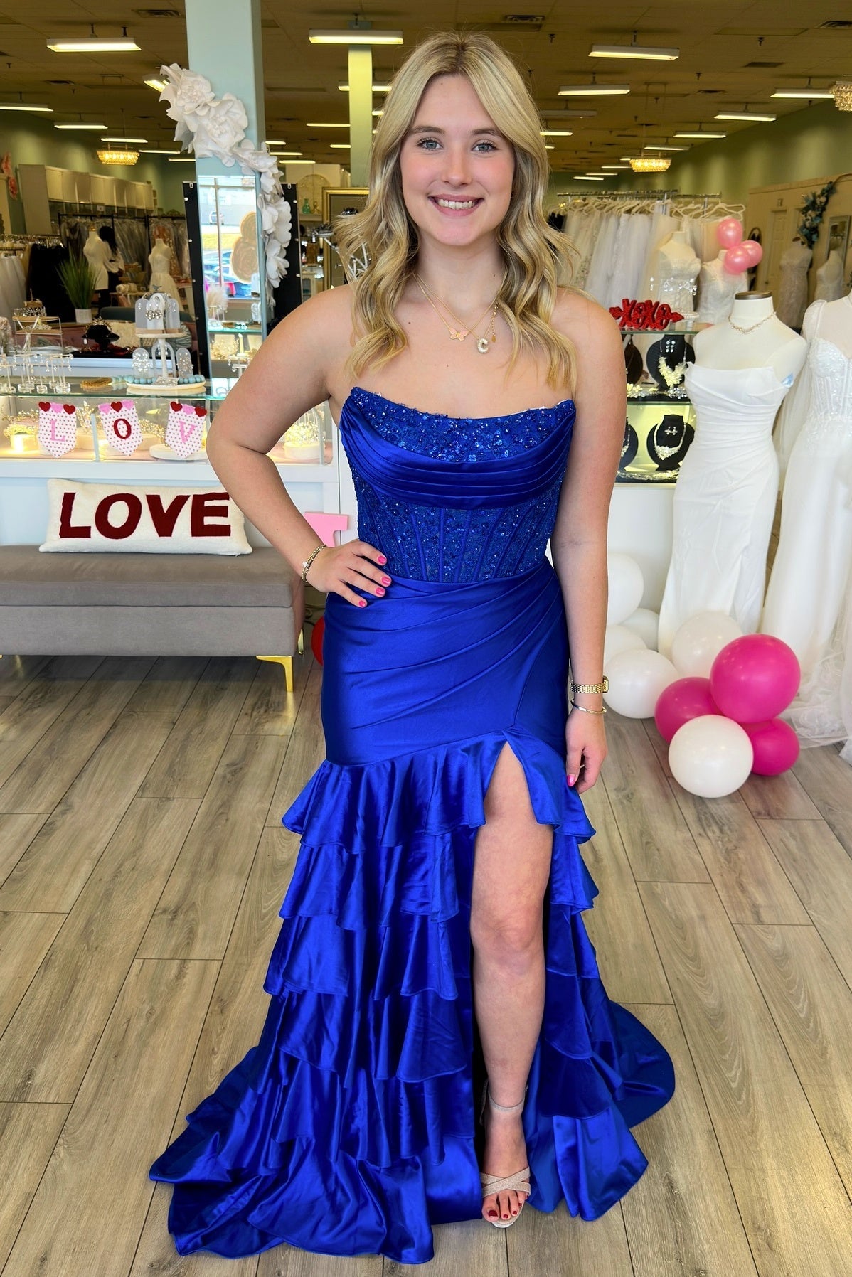 Royal Blue Mermaid Strapless Appliques Ruffle Prom Dress with Slit