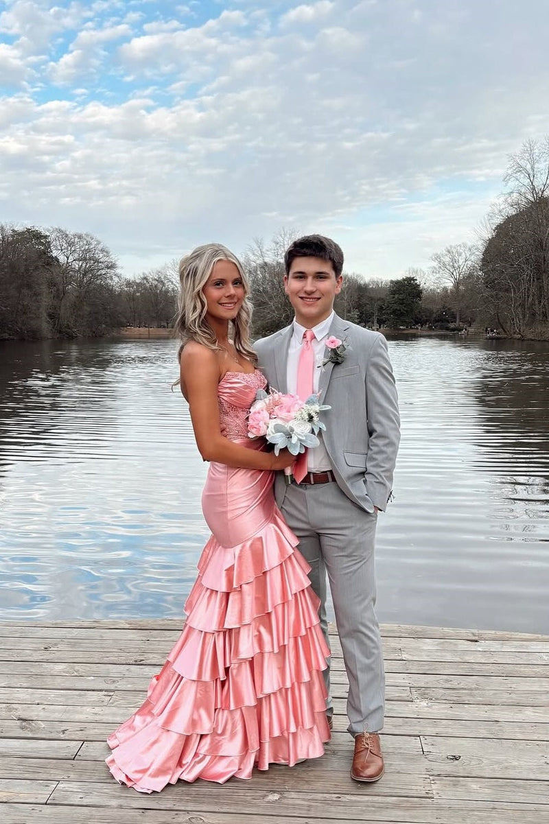 Royal Blue Mermaid Strapless Appliques Ruffle Prom Dress with Slit