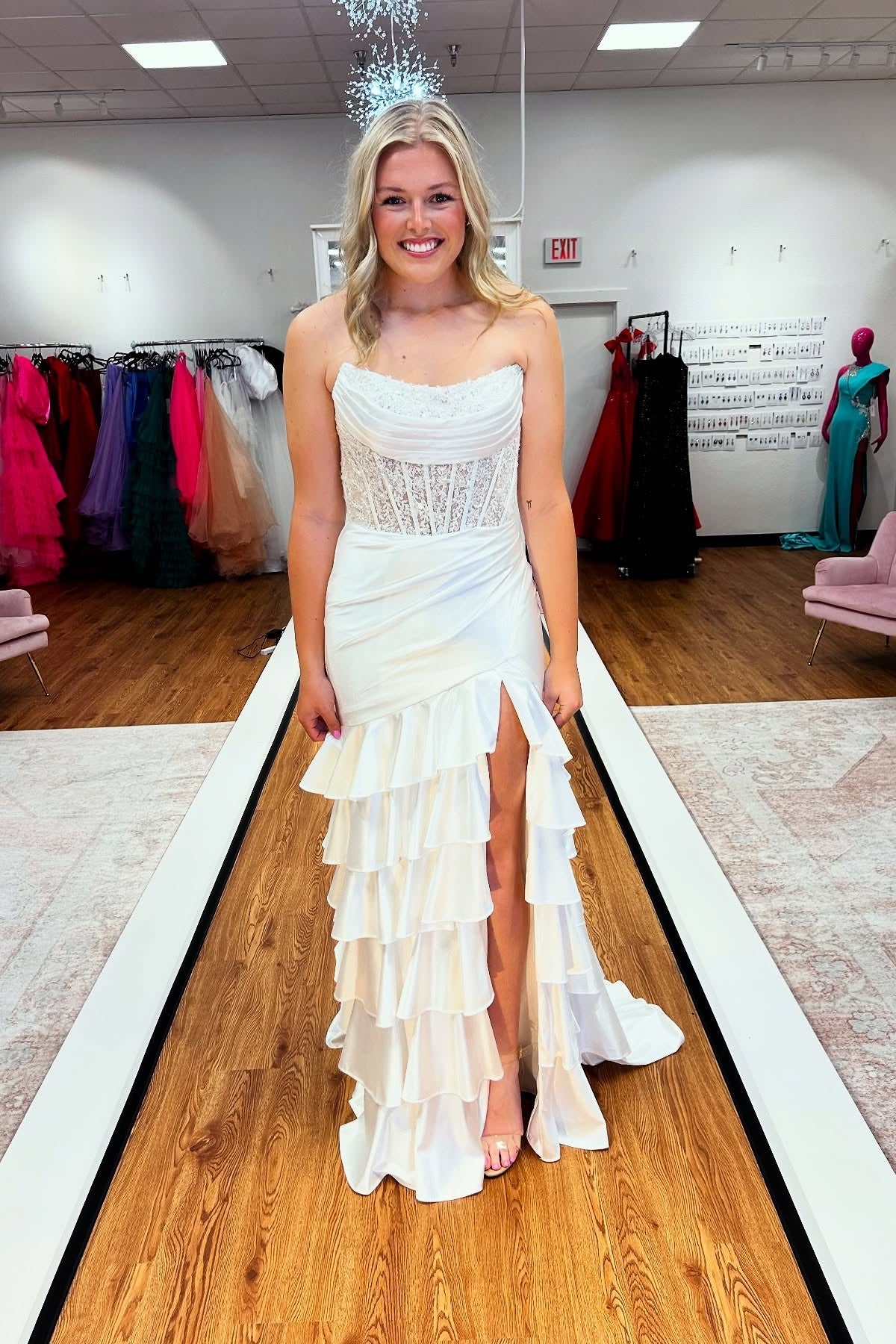 Royal Blue Mermaid Strapless Appliques Ruffle Prom Dress with Slit