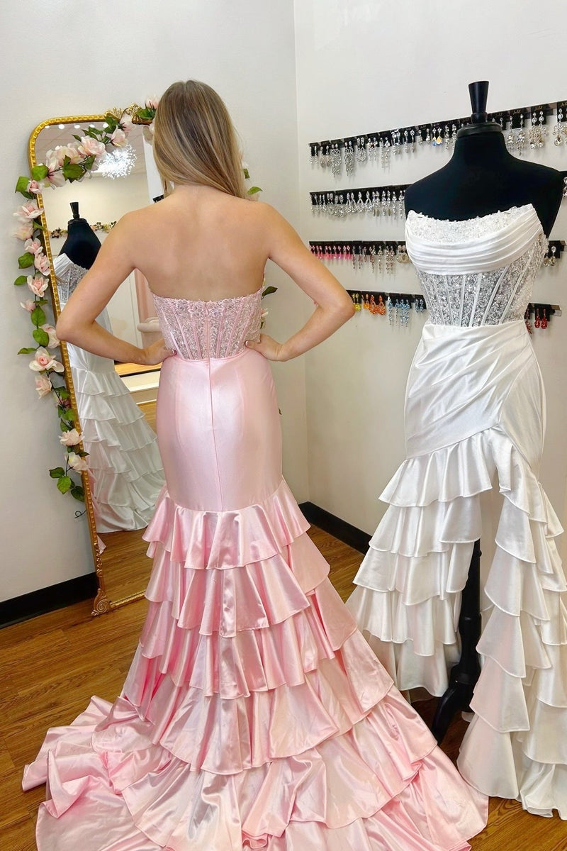 Royal Blue Mermaid Strapless Appliques Ruffle Prom Dress with Slit