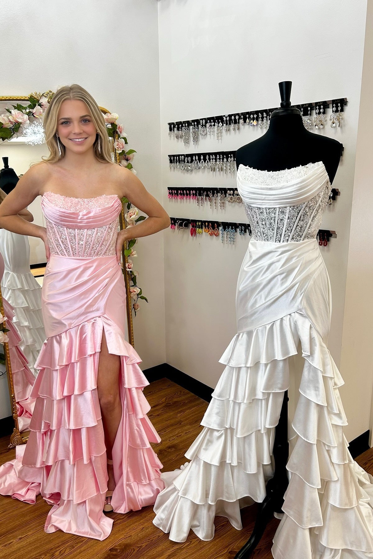 Royal Blue Mermaid Strapless Appliques Ruffle Prom Dress with Slit