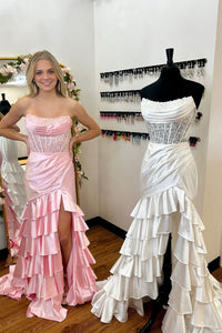 Royal Blue Mermaid Strapless Appliques Ruffle Prom Dress with Slit