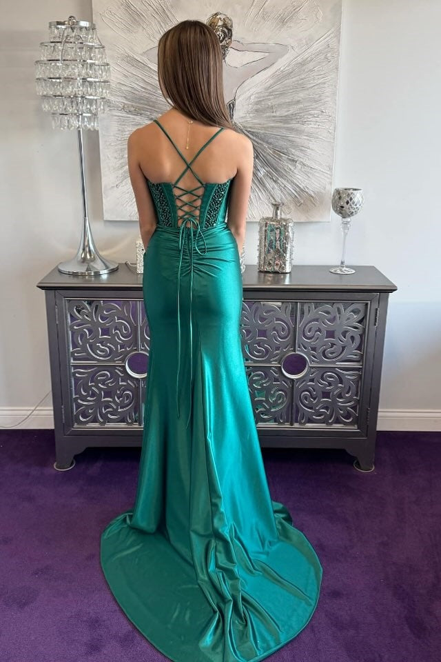 Spaghetti Strap Beaded Mermaid Dress with High Slit