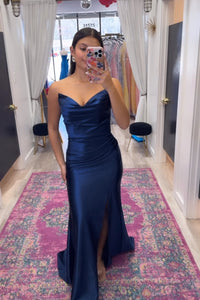Strapless Ruched Mermaid Prom Dress with High Slit