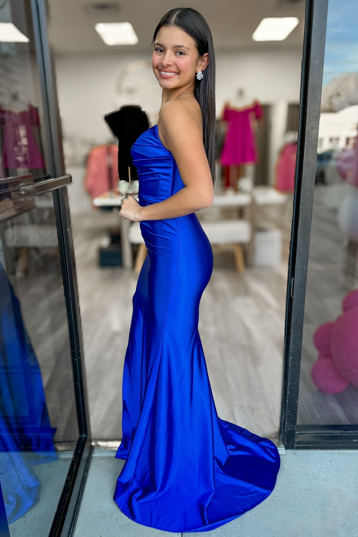 Strapless Ruched Mermaid Prom Dress with High Slit