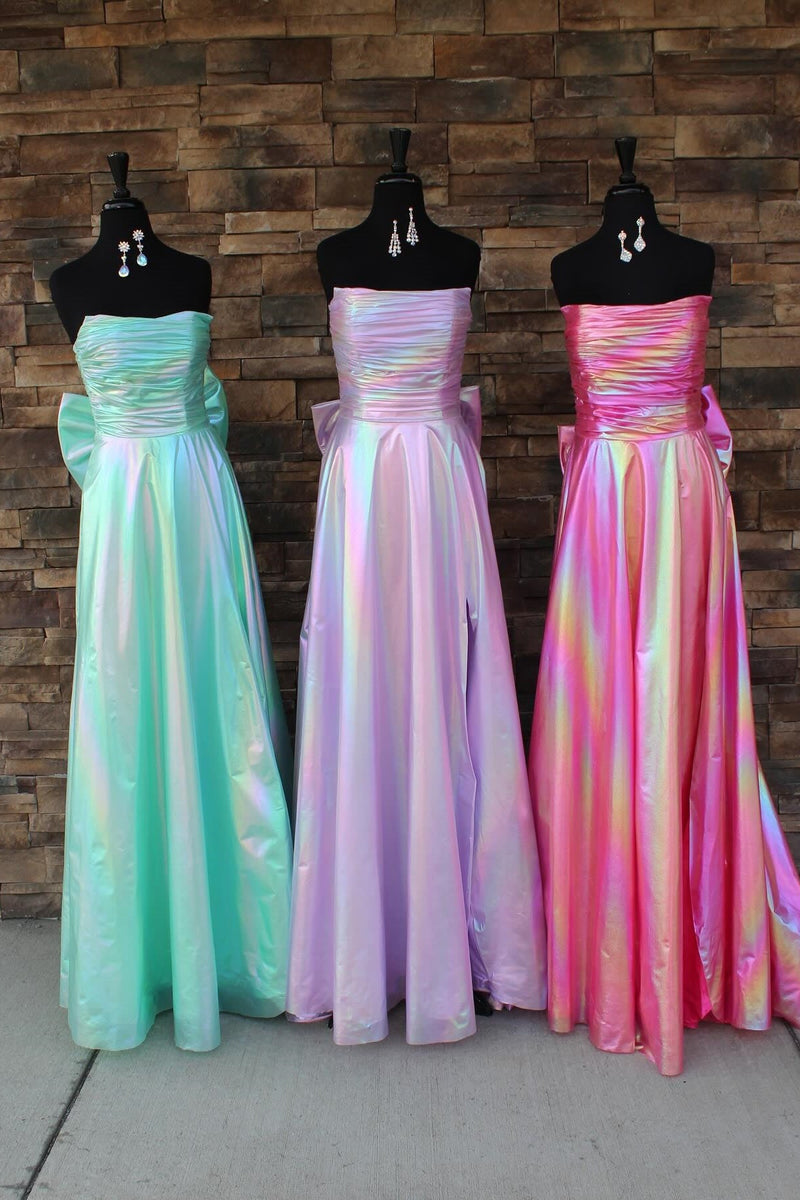 Strapless Metallic Ruched Prom Dress with Bow