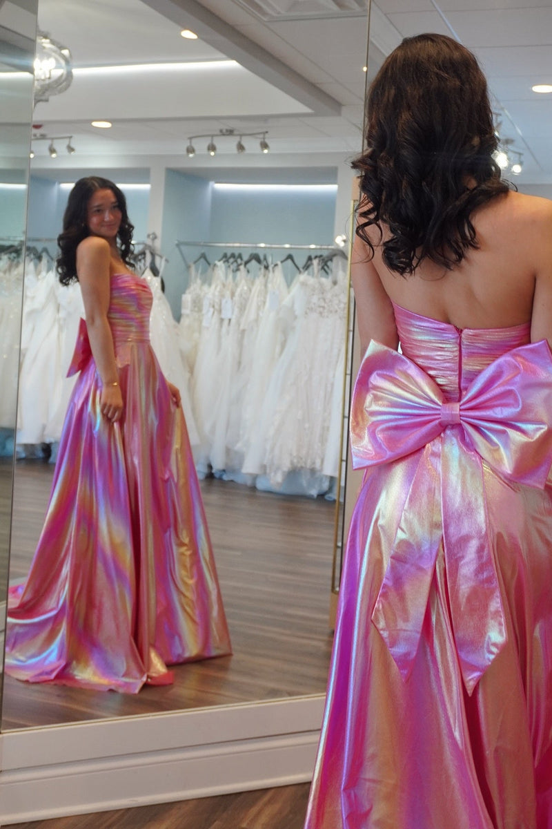 Strapless Metallic Ruched Prom Dress with Bow