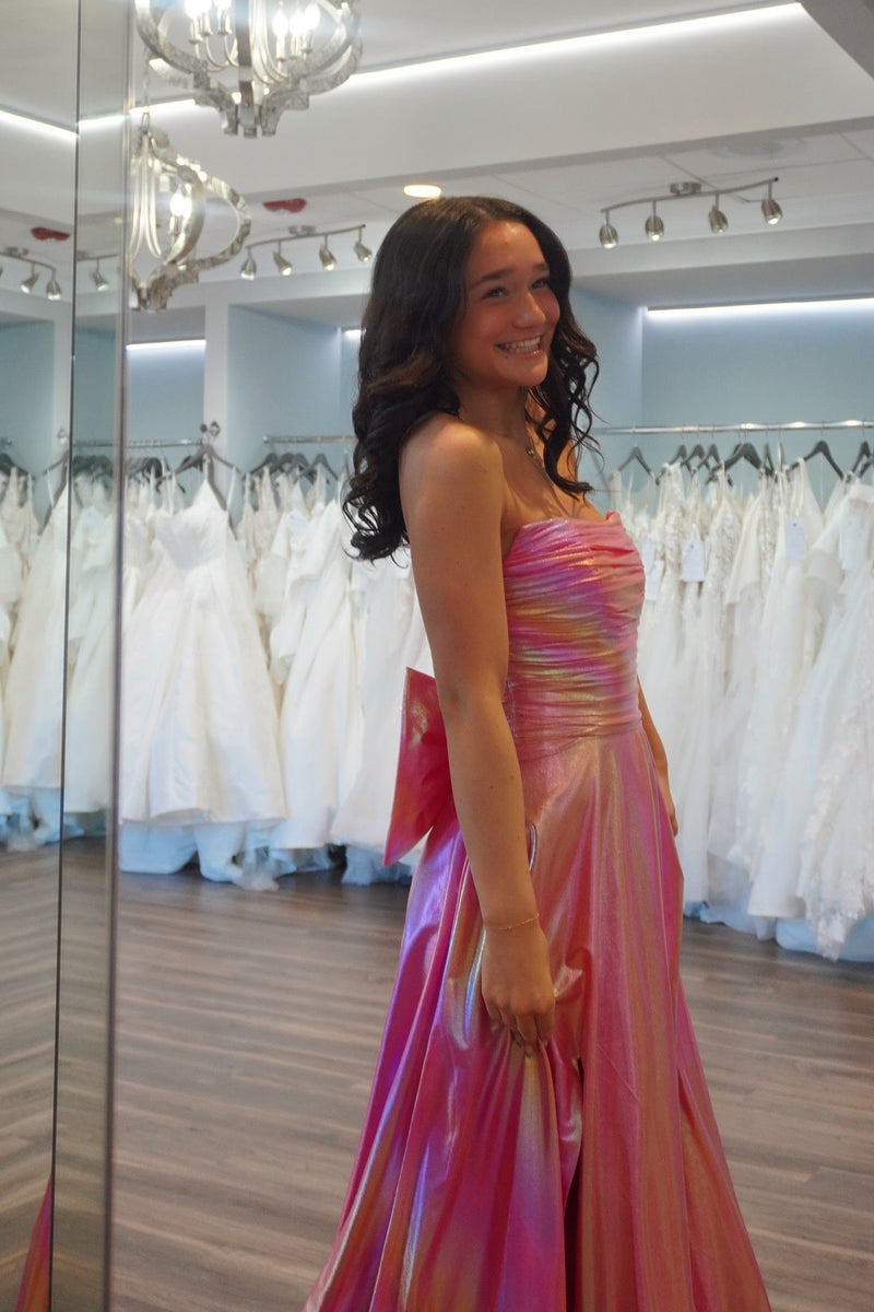 Strapless Metallic Ruched Prom Dress with Bow