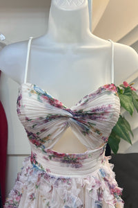 Spaghetti Strap Floral Ruffle Prom Dress with Keyhole