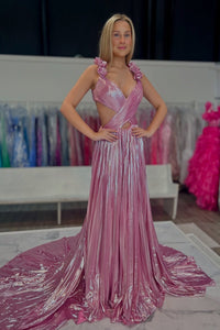 Metallic Hollowed-out Pleated A-line Prom Dress