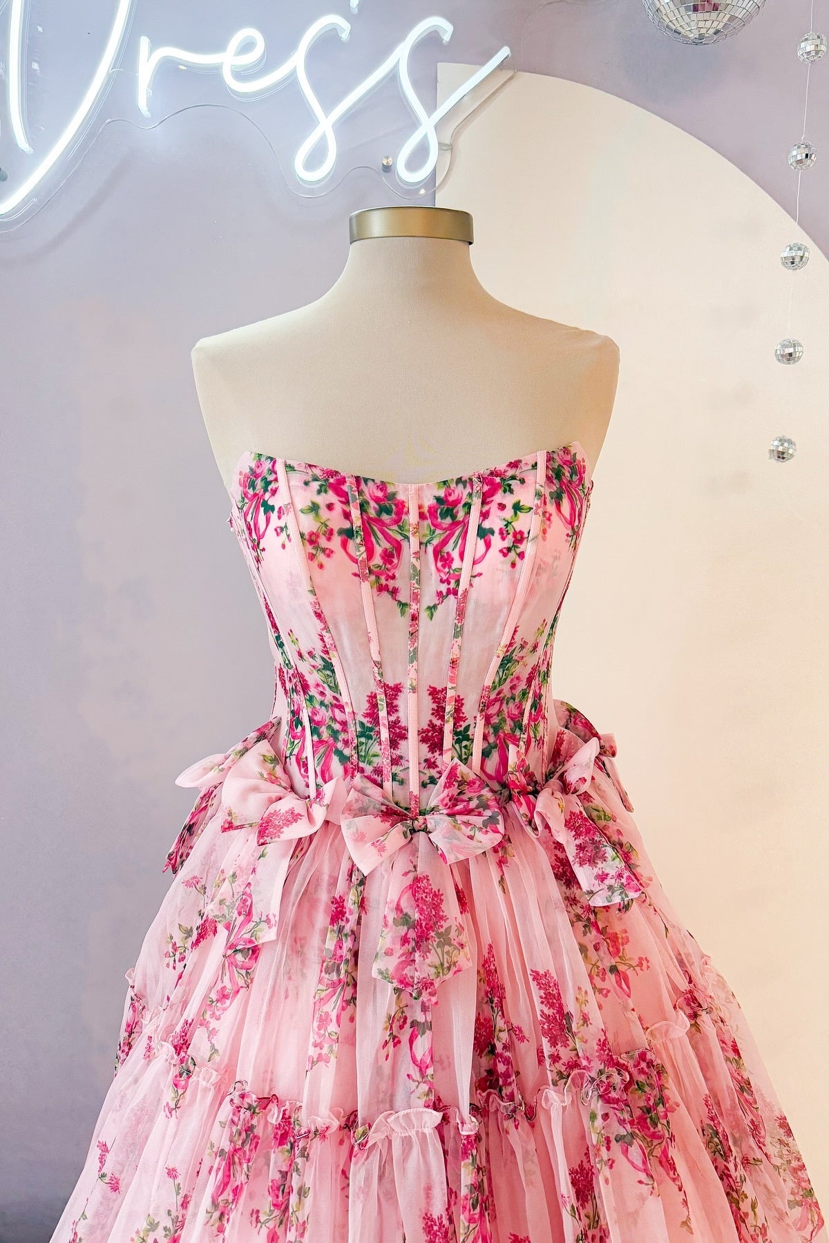 Pink Strapless Floral Print Ruffle Prom Dress with Bow