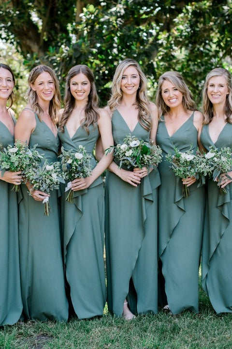 Sea Glass V-neck Fitted Ruffle Bridesmaid Dress