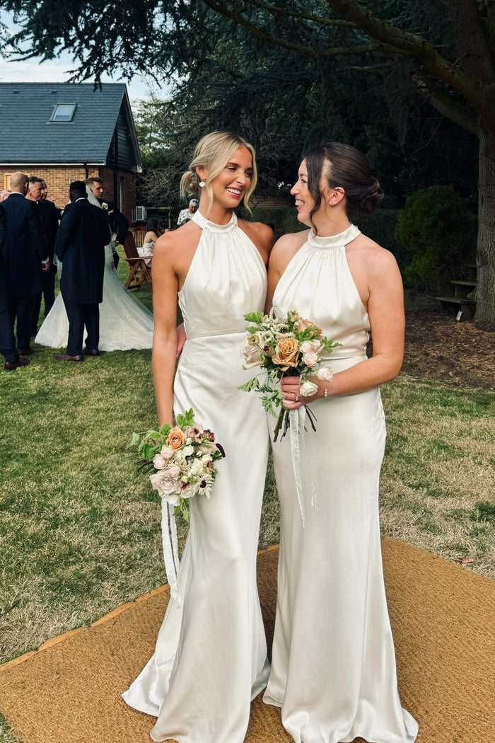 White High Neck Ruched Fitted Bridesmaid Dress