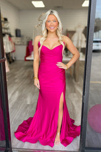 Fuchsia V-neck Mermaid Prom Dress with Slit