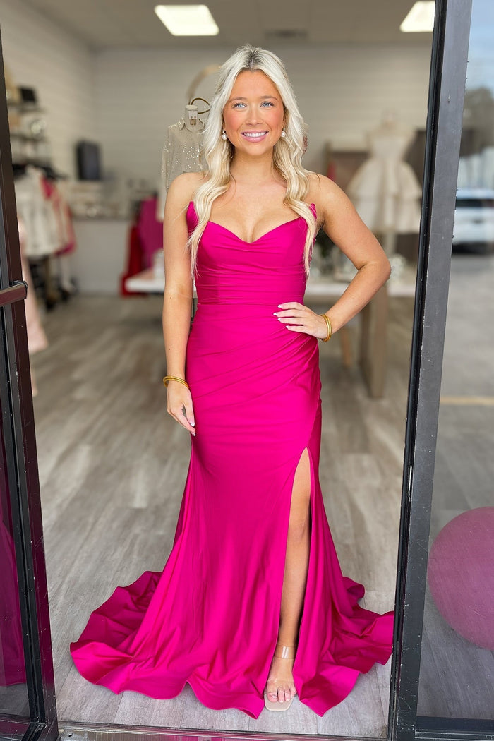 Fuchsia V-neck Mermaid Prom Dress with Slit