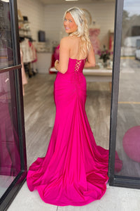 Fuchsia V-neck Mermaid Prom Dress with Slit