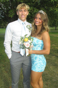 Strapless Beaded Blue Tight Mini Dress