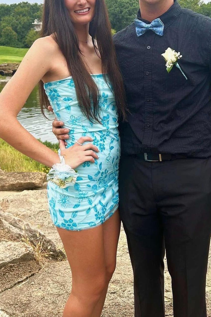 Strapless Beaded Blue Tight Mini Dress