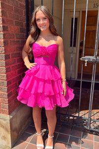 Strapless Fuchsia Keyhole Short Ruffle Dress