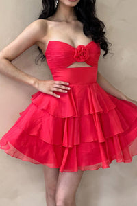 Strapless Fuchsia Keyhole Short Ruffle Dress