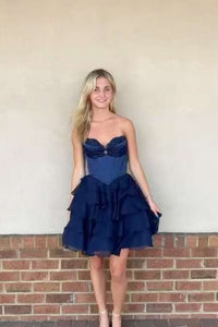 Light Blue Ruched Corset A-line Short Ruffle Dress