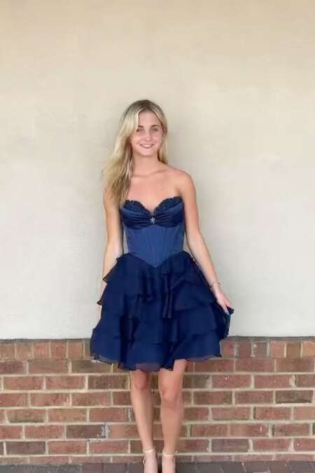 Light Blue Ruched Corset A-line Short Ruffle Dress