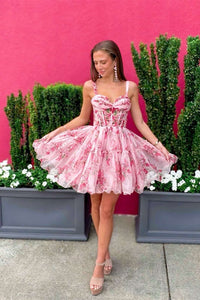 Pink Floral A-line Short Homecoming Dress