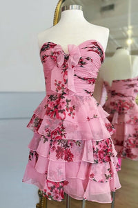 Sweetheart Pink Floral Bow A-line Homecoming Dress