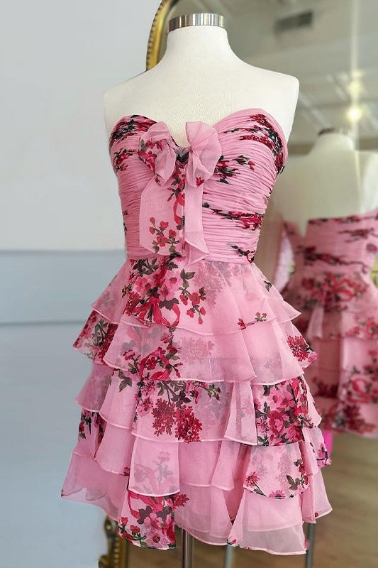 Sweetheart Pink Floral Bow A-line Homecoming Dress