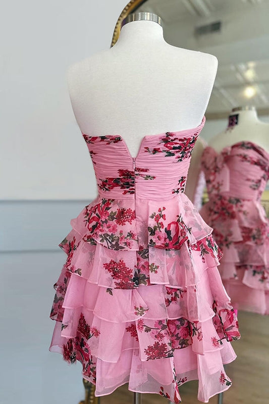 Sweetheart Pink Floral Bow A-line Homecoming Dress